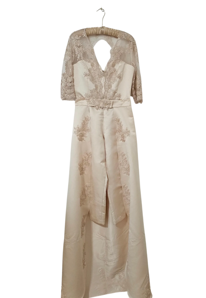 Vintage Two-Piece Beaded and Lace Wedding Jumpsuit with Detachable Overskirt - Feature Image