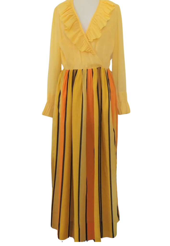Vintage 1970s Ruffled Neck Striped Two-Tone Maxi Dress - Feature Image
