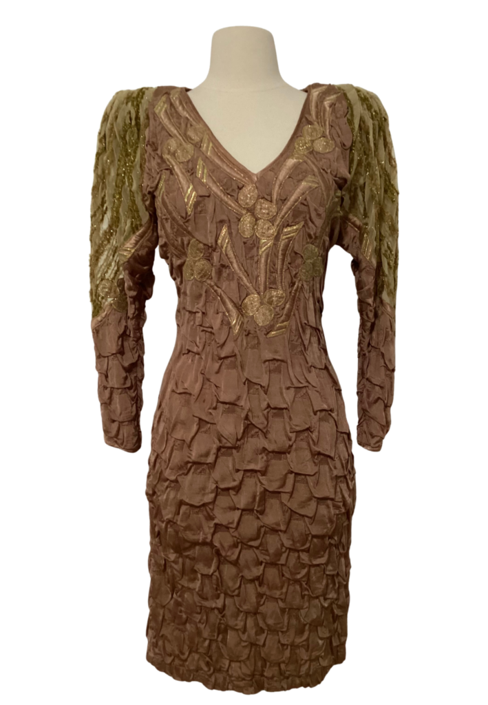 Vintage 80s Brown Ruched Embroidered Long Sleeve Cocktail Dress - Feature Image