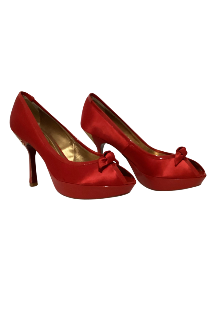 Strutt Couture Vintage Red Satin Peep-Toe Pumps - Feature Image