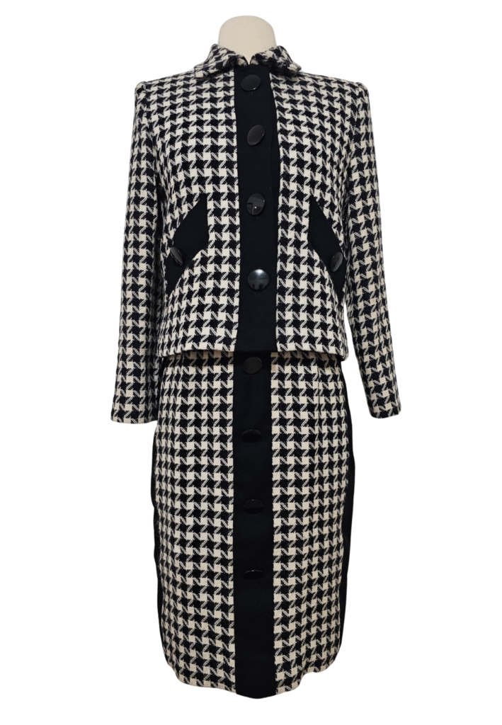 Vintage 1980s "Ilie Wacs" Black and White Houndstooth Skirt Suit w/ Scarf - Feature Image