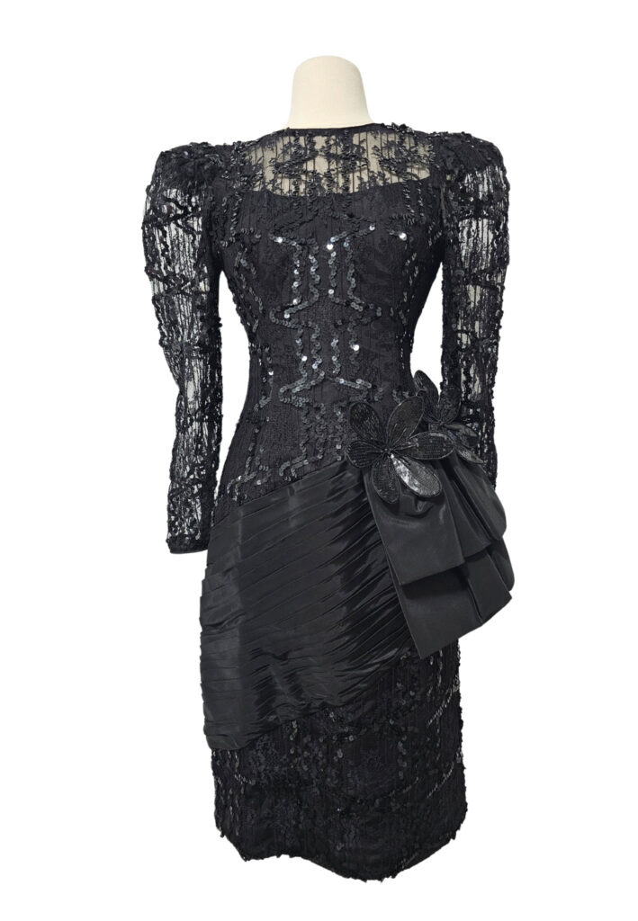 Vintage Black Lace + Sequin + Taffeta Cocktail Evening Dress - Feature Image