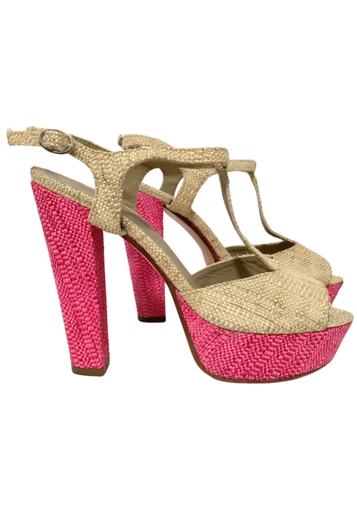 Vintage Sesto Meucci T-Strap Raffia Platform Cream/Pink Heel Sandals - Feature Image