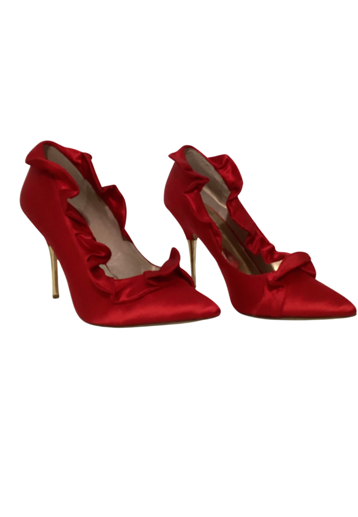 ABS Allen Schwartz Red Satin Ruffled High Heel Pumps - Feature Image