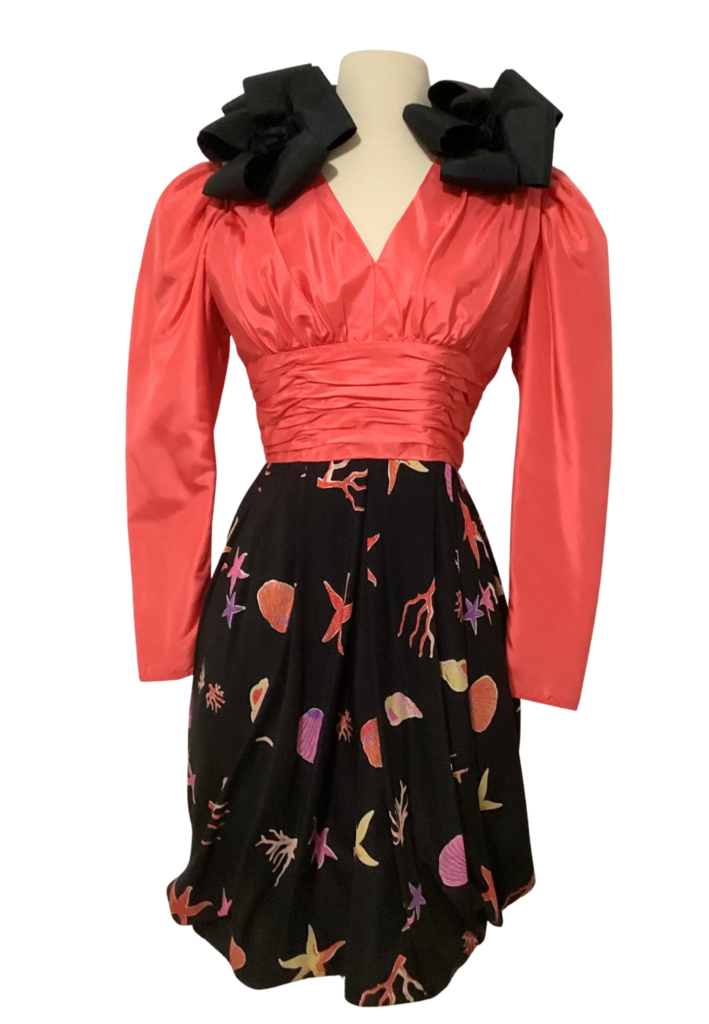 Vintage 1980's Coral and Black Long Sleeve Party Dress - Feature Image